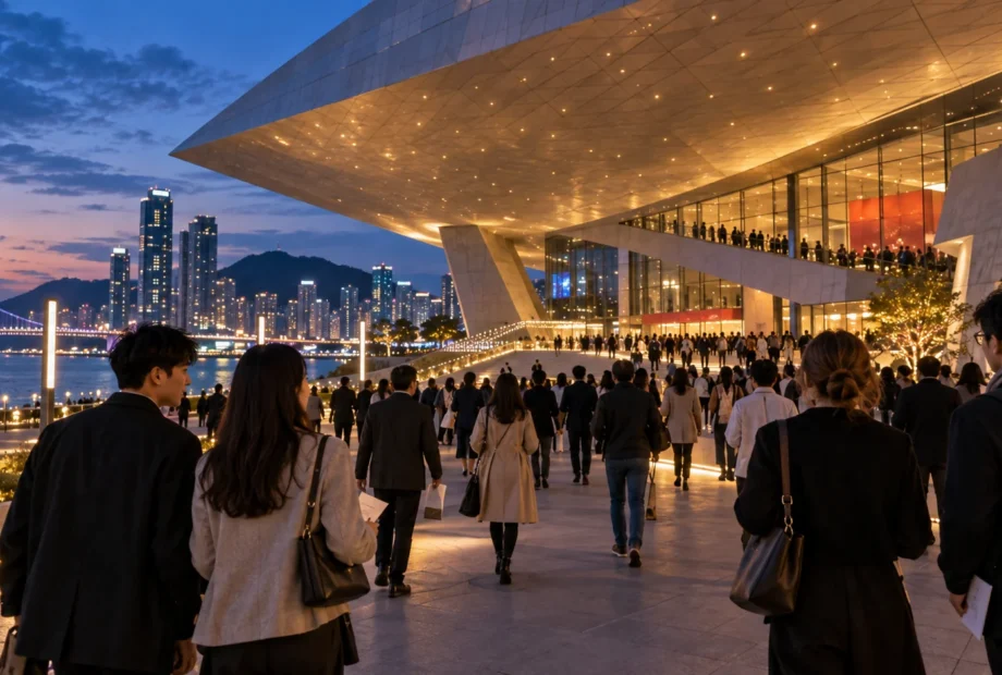 Festival visitors arriving at a modern cinema complex in Busan at dusk