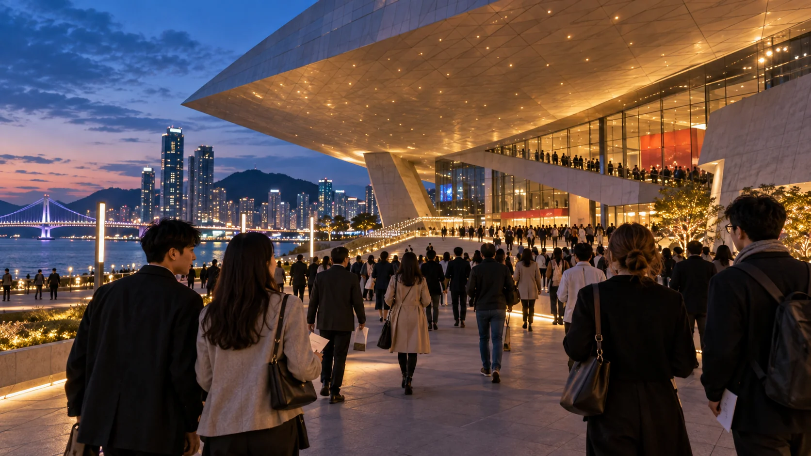 Festival visitors arriving at a modern cinema complex in Busan at dusk