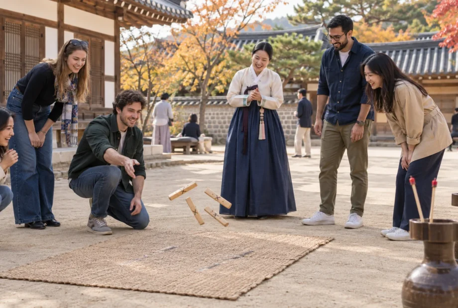 Visitors enjoying traditional Korean games in a Seoul hanok courtyard during autumn