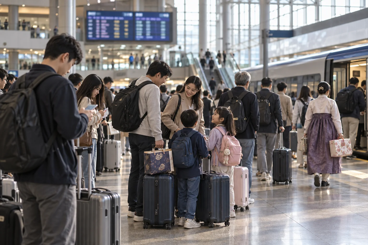 Travelers with luggage waiting calmly inside a busy Korean railway station before Chuseok