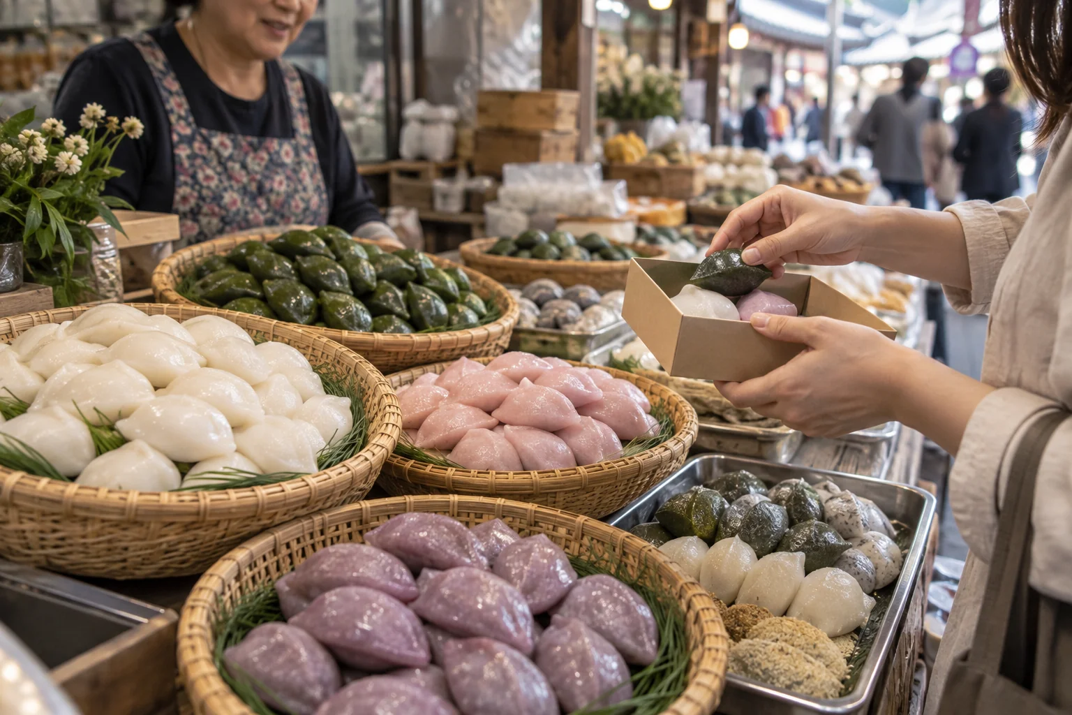 Fresh songpyeon rice cakes arranged at a traditional Seoul market before Chuseok