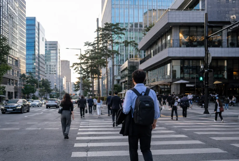 Traveler crossing a modern Gangnam street in Seoul during the evening commute