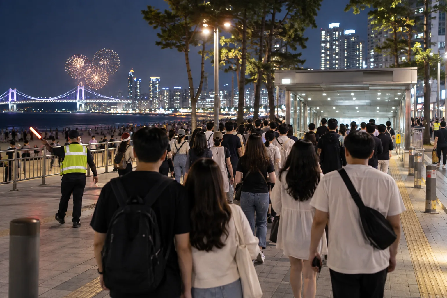 Travelers walking away from Gwangalli after a fireworks show