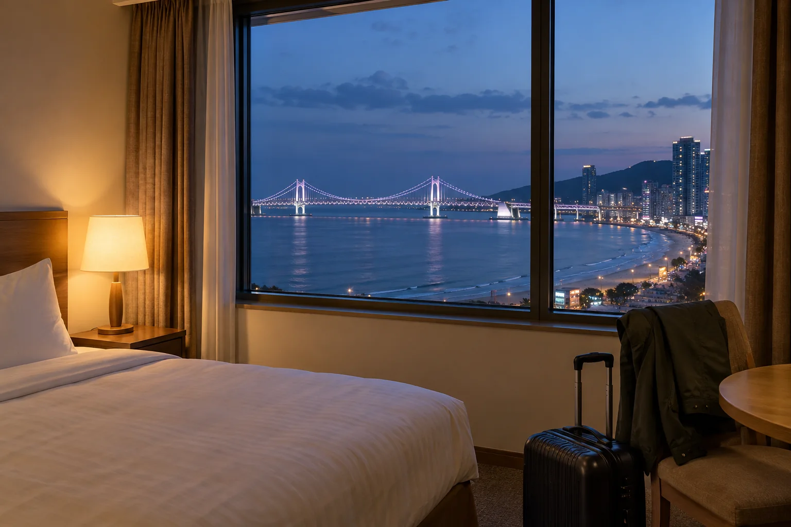 Hotel room near Gwangalli with a view toward Gwangan Bridge