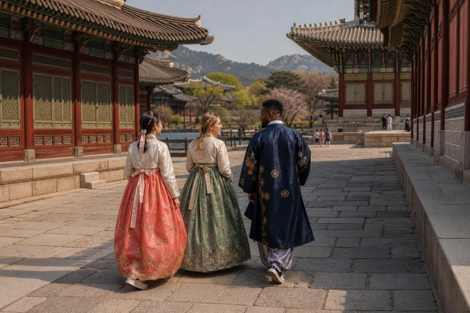 Friends in traditional hanbok walking through a spacious Korean palace courtyard
