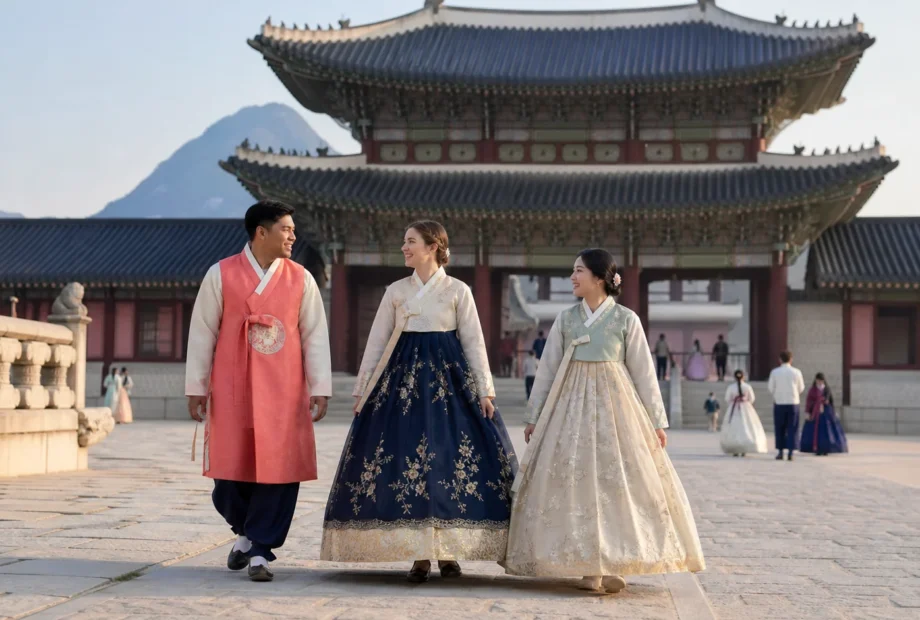 Travelers wearing colorful hanbok near a Korean palace gate in Seoul