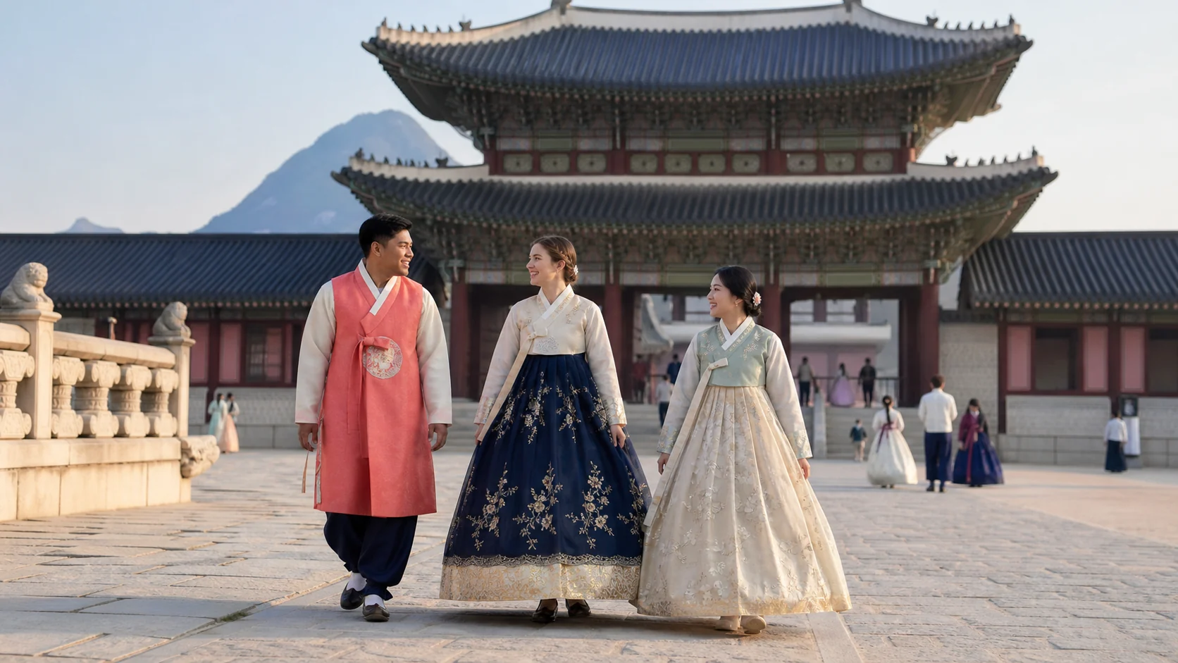Travelers wearing colorful hanbok near a Korean palace gate in Seoul