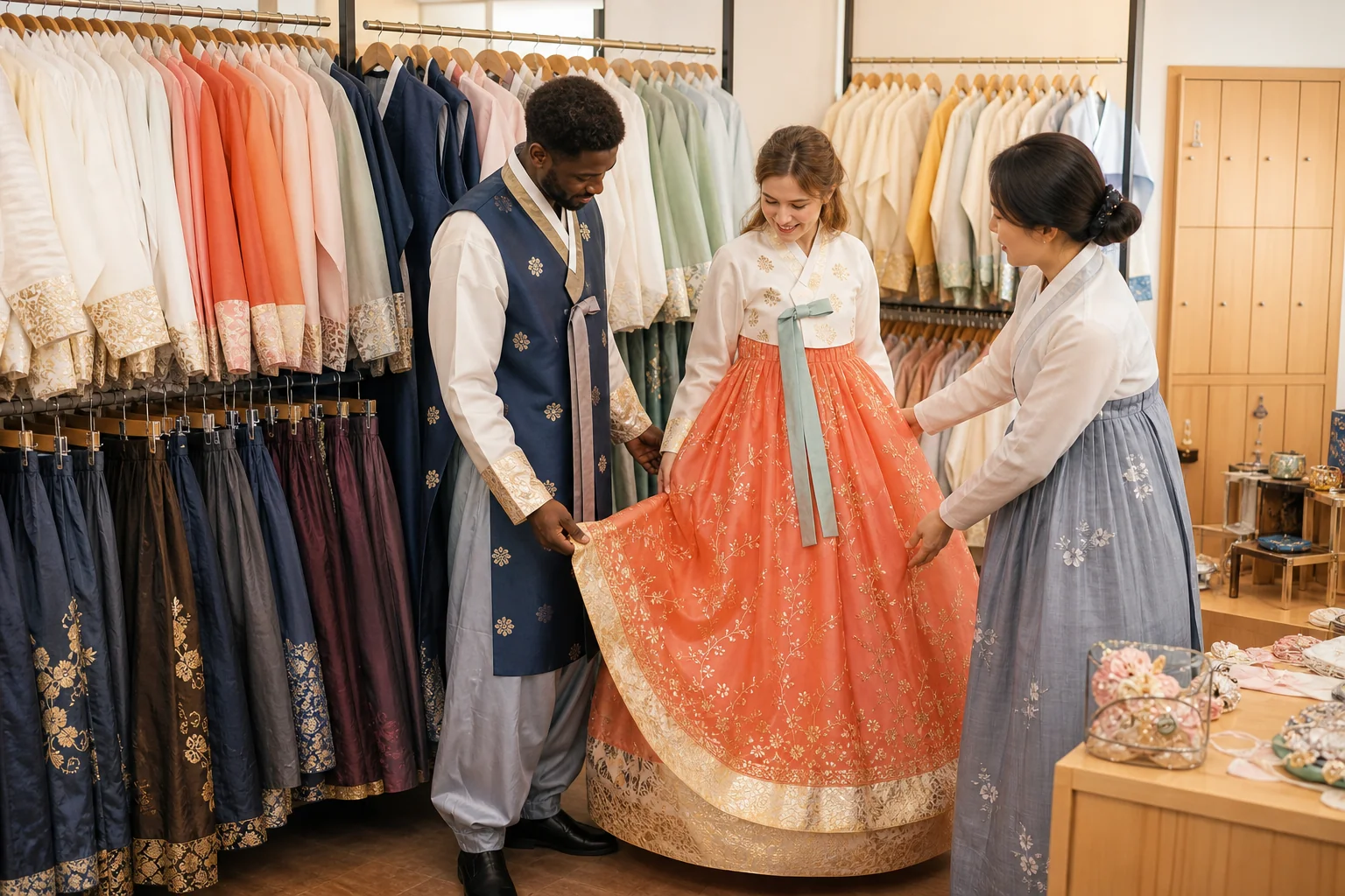 Travelers choosing hanbok from clothing racks inside a Seoul rental shop