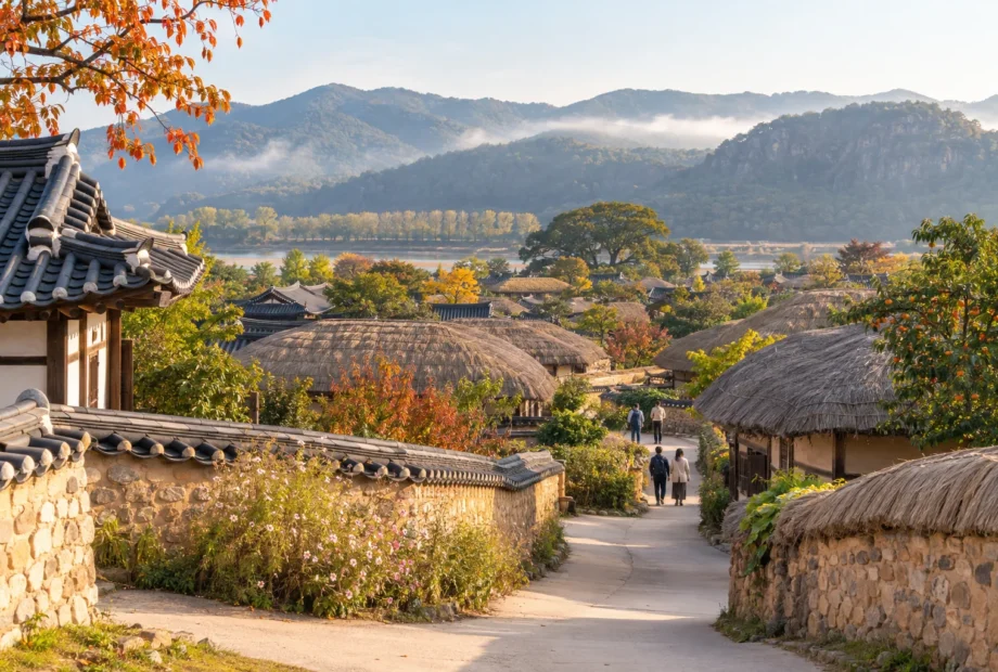 Traditional tiled and thatched houses in Hahoe Folk Village during early autumn