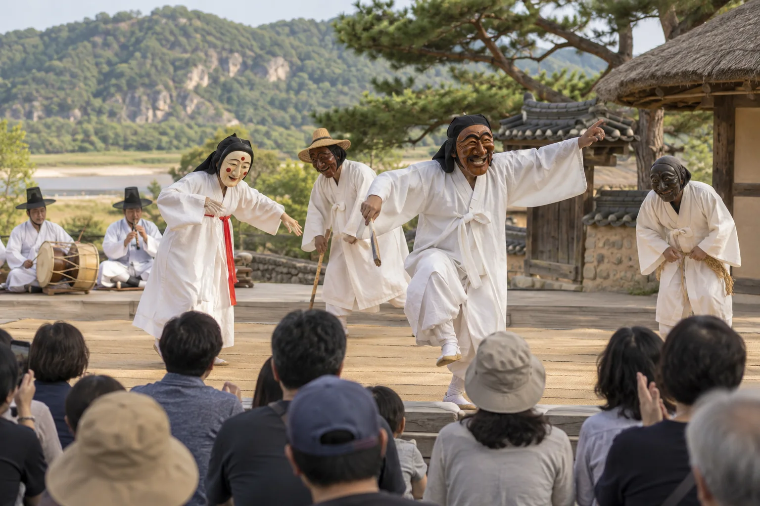 Traditional Hahoe mask dancers performing outdoors for visitors
