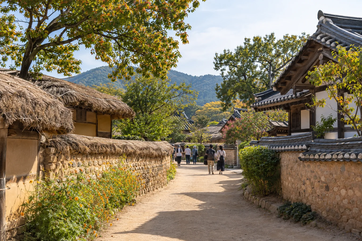 Visitors walking along an earthen lane between traditional houses in Hahoe Village