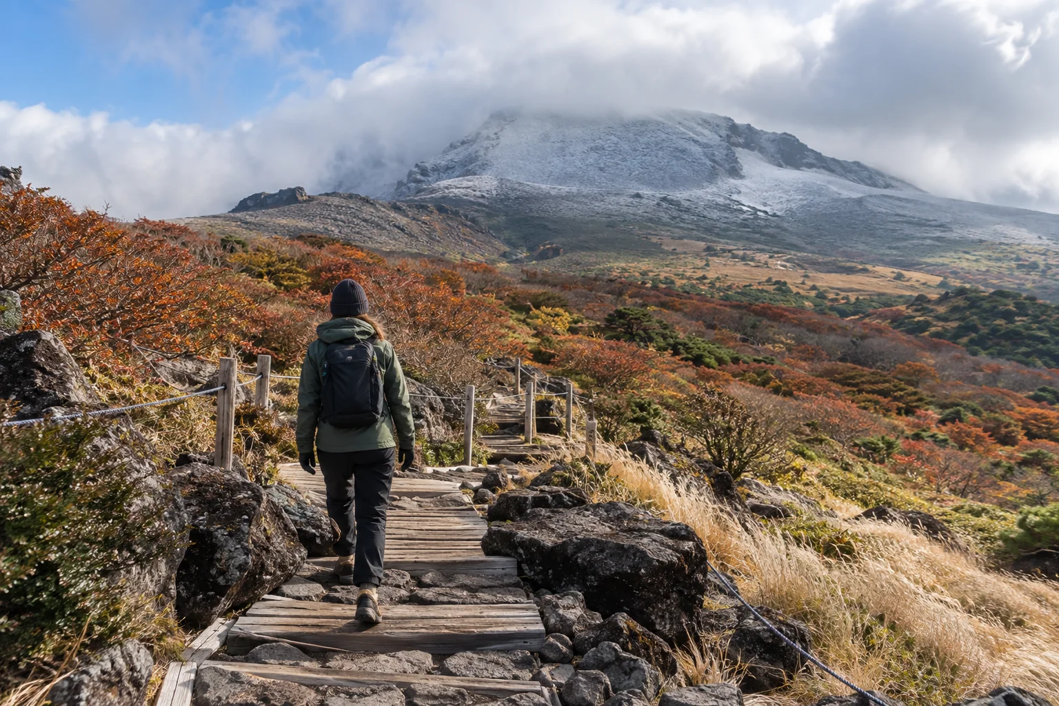 Hiker on a windy Hallasan trail with late autumn foliage on Jeju Island