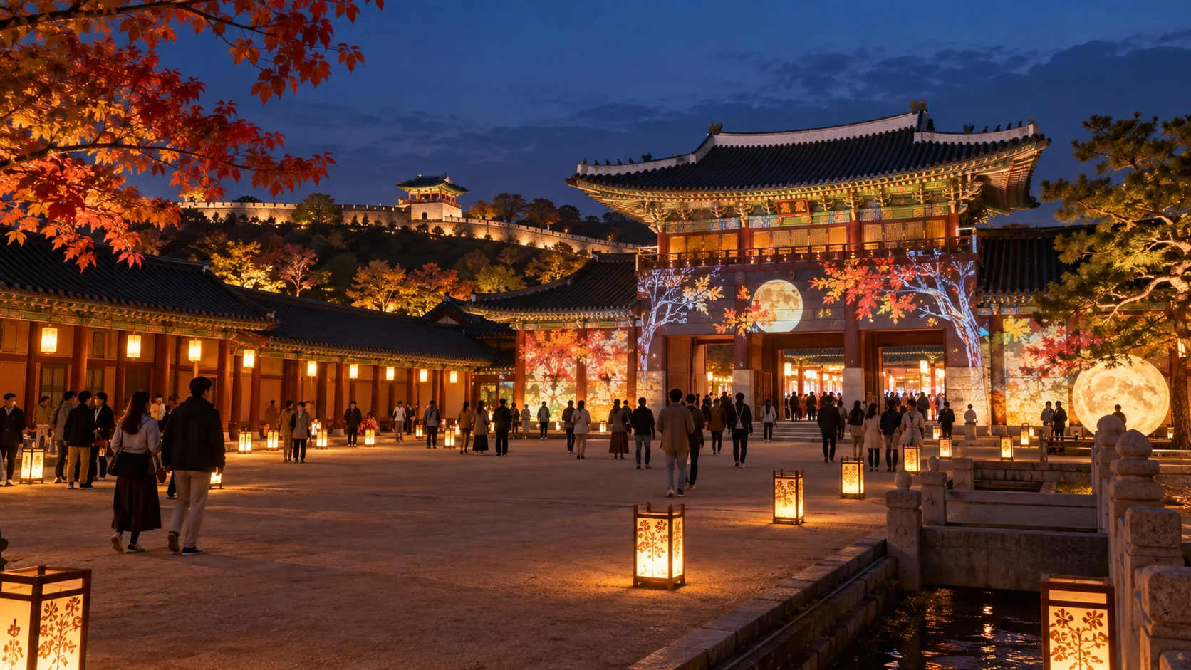 Hwaseong Haenggung Palace illuminated during an autumn night program