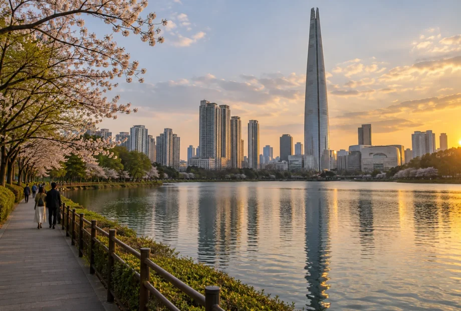 Seokchon Lake walking path and Jamsil skyline at golden hour in Seoul