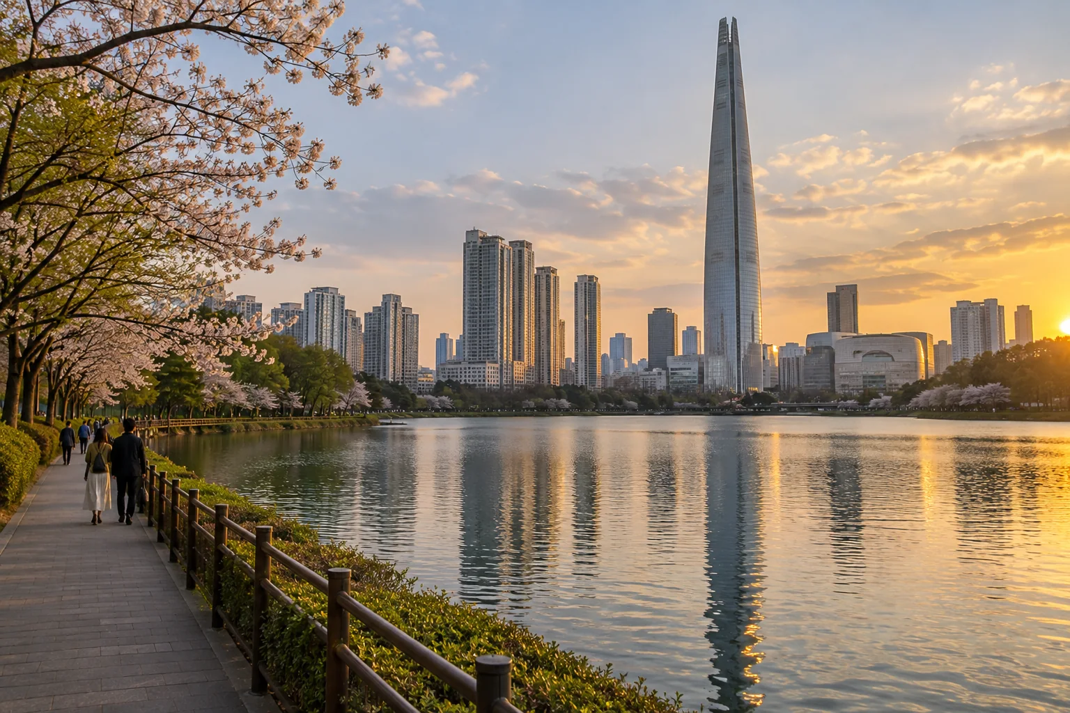Seokchon Lake walking path and Jamsil skyline at golden hour in Seoul