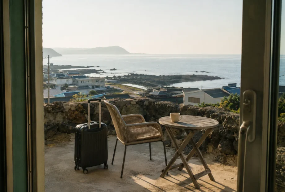 Jeju guesthouse terrace overlooking a volcanic rocky coast