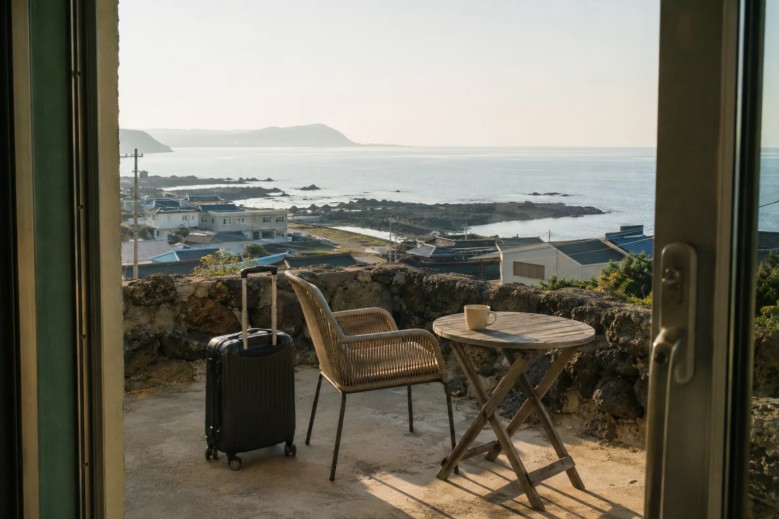 Jeju guesthouse terrace overlooking a volcanic rocky coast