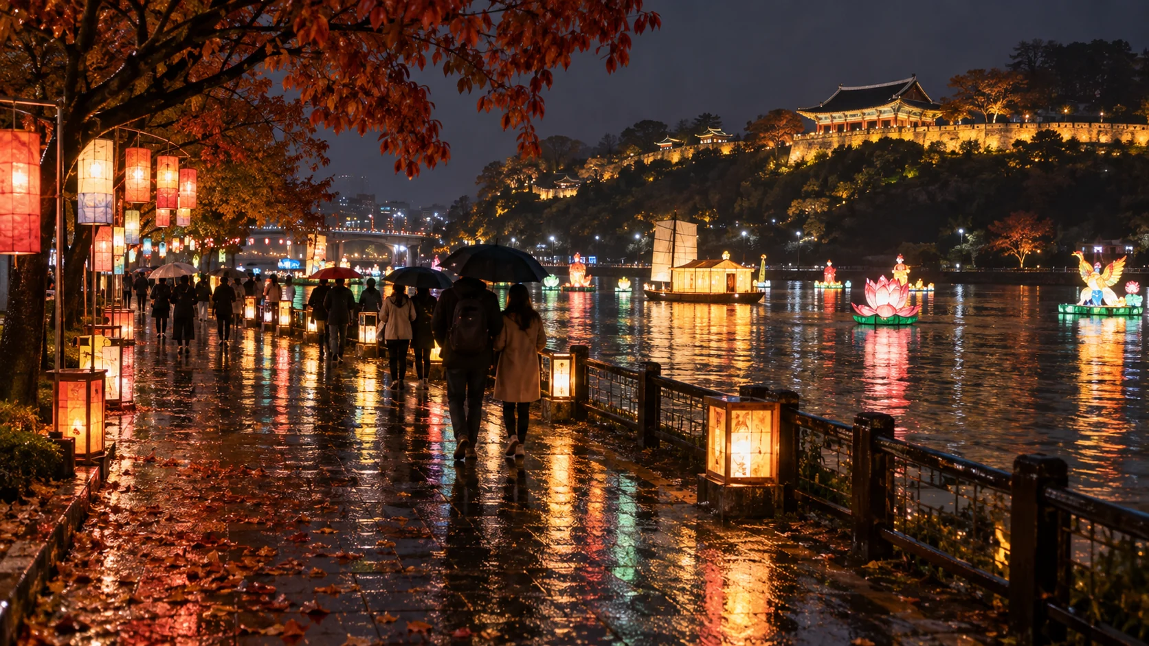 Lantern reflections on the Namgang River and wet riverside pavement during an autumn shower