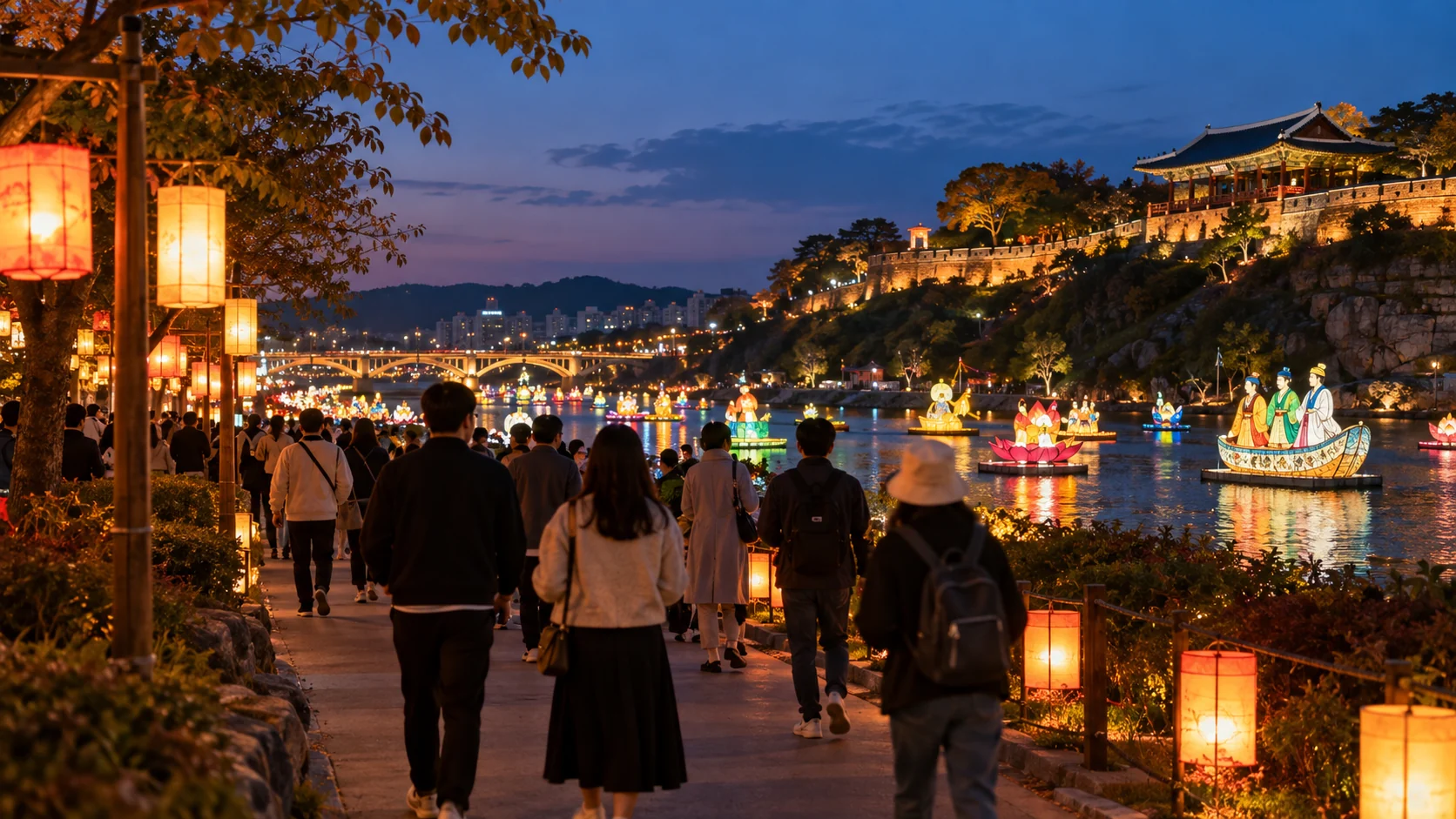 Travelers following the lantern-lined riverside path below Jinjuseong Fortress at blue hour