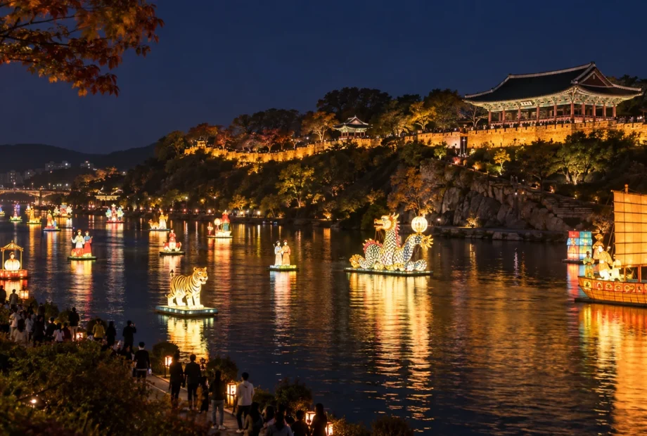 Lantern installations glowing on the Namgang River below Jinjuseong Fortress at night