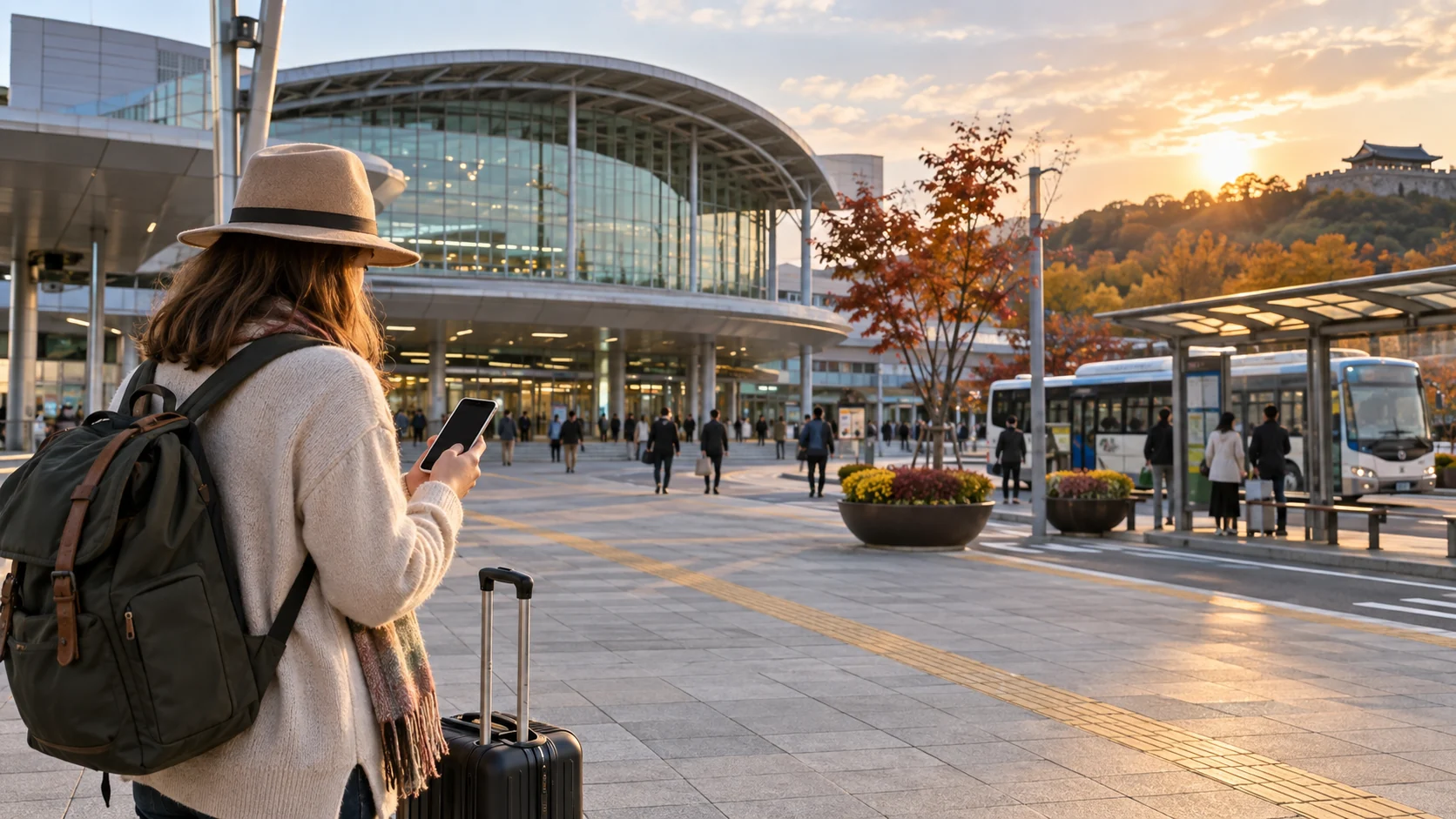 Traveler arriving outside Jinju railway station with a suitcase before the evening festival