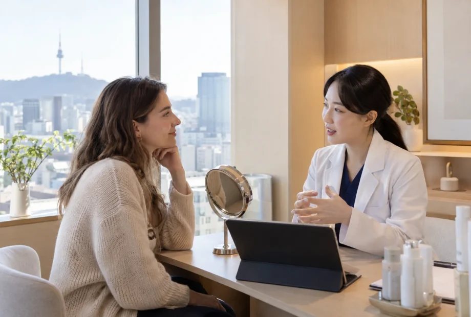 Traveler speaking with a Korean skincare clinician during a consultation in Seoul