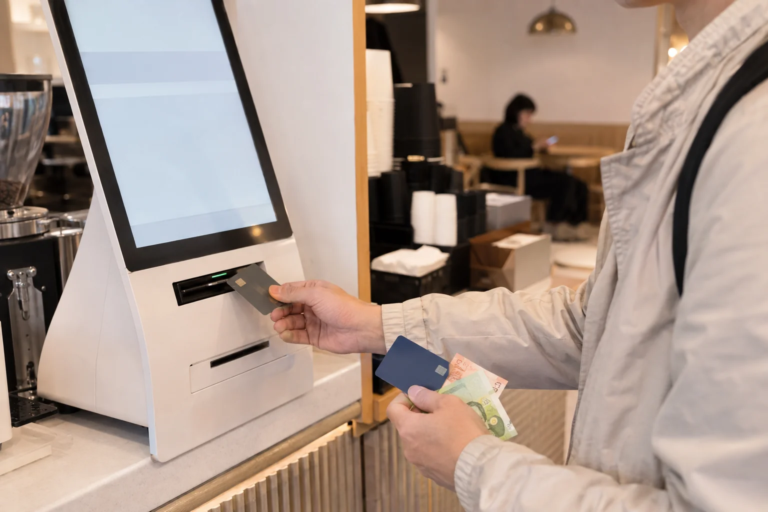 Traveler paying at a Korean self-service cafe kiosk with a backup card ready