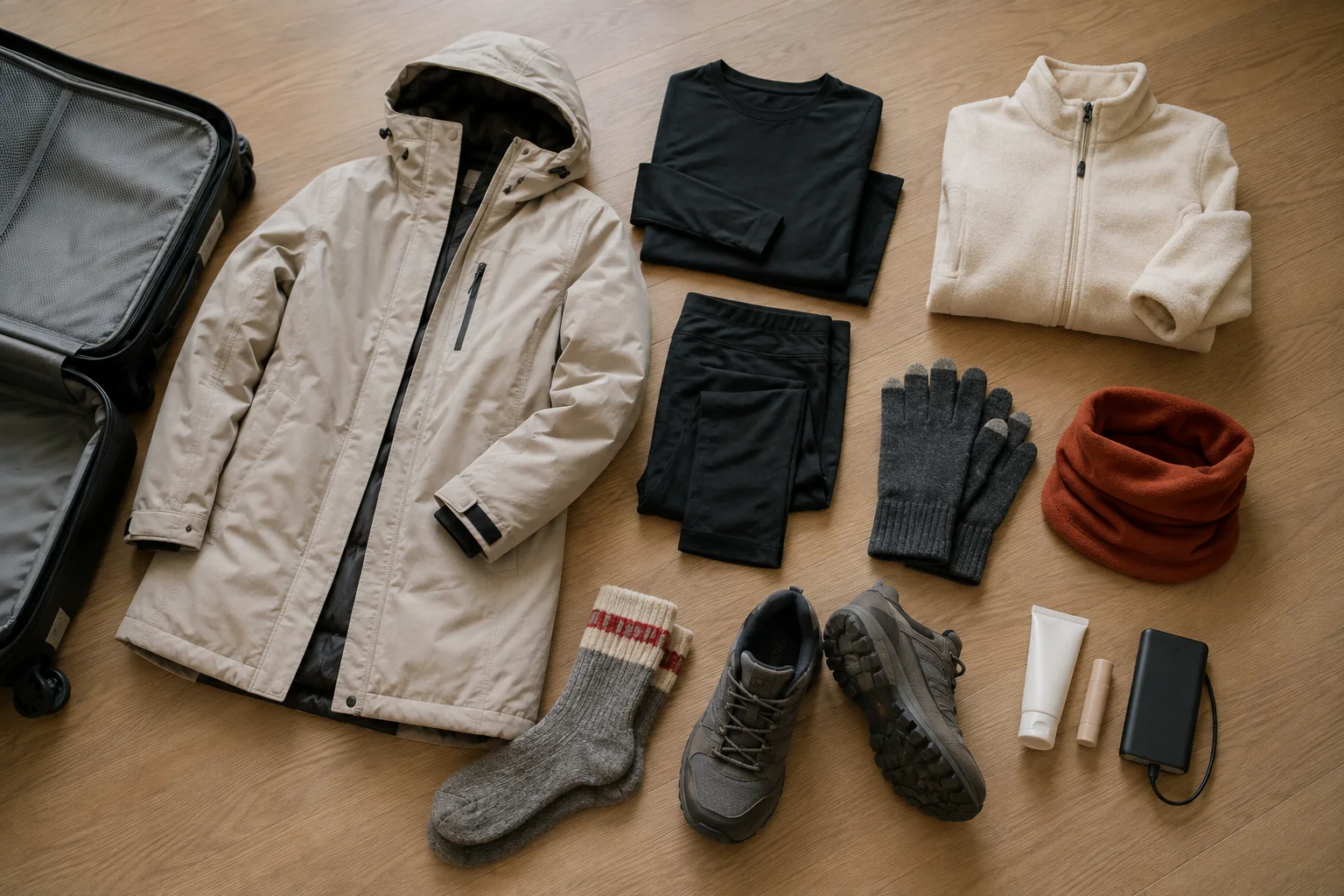 Winter travel essentials arranged beside a warm coat and walking shoes