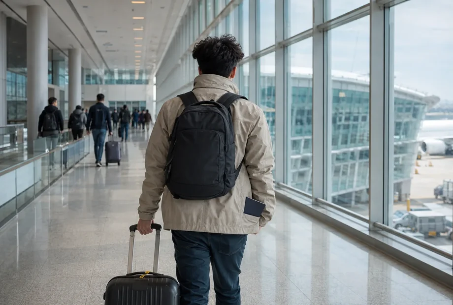 Traveler arriving at a Korean airport with a carry-on suitcase