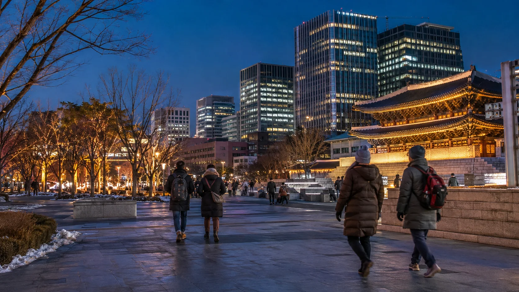 Travelers walking through central Seoul during a clear December evening