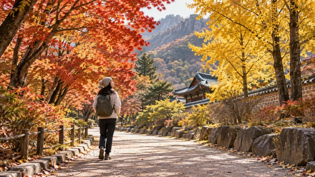 Traveler walking through vivid autumn foliage in Korea during November
