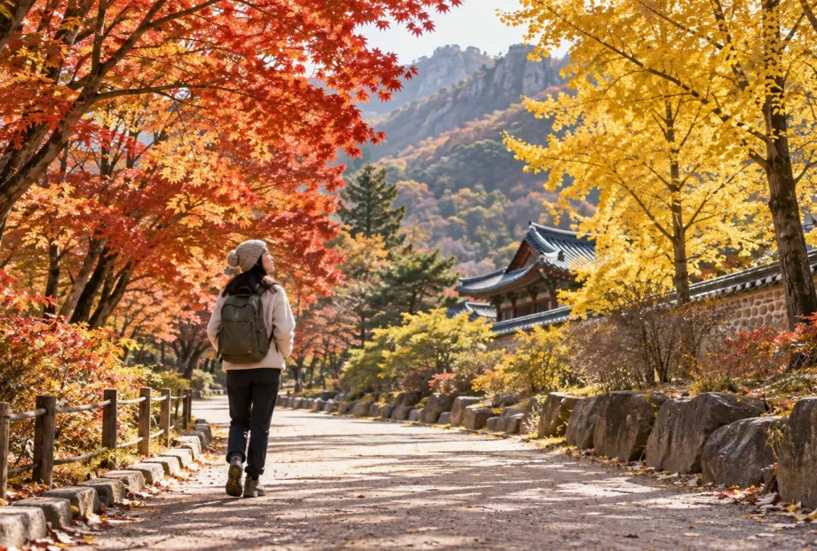 Traveler walking through vivid autumn foliage in Korea during November