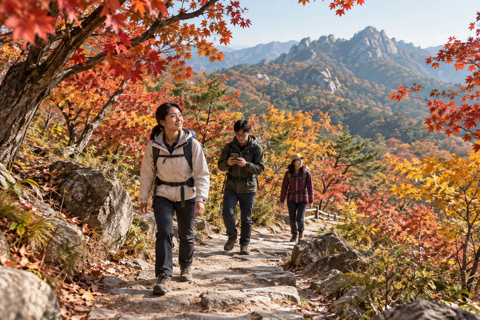 Hikers following a colorful autumn trail in a Korean mountain park