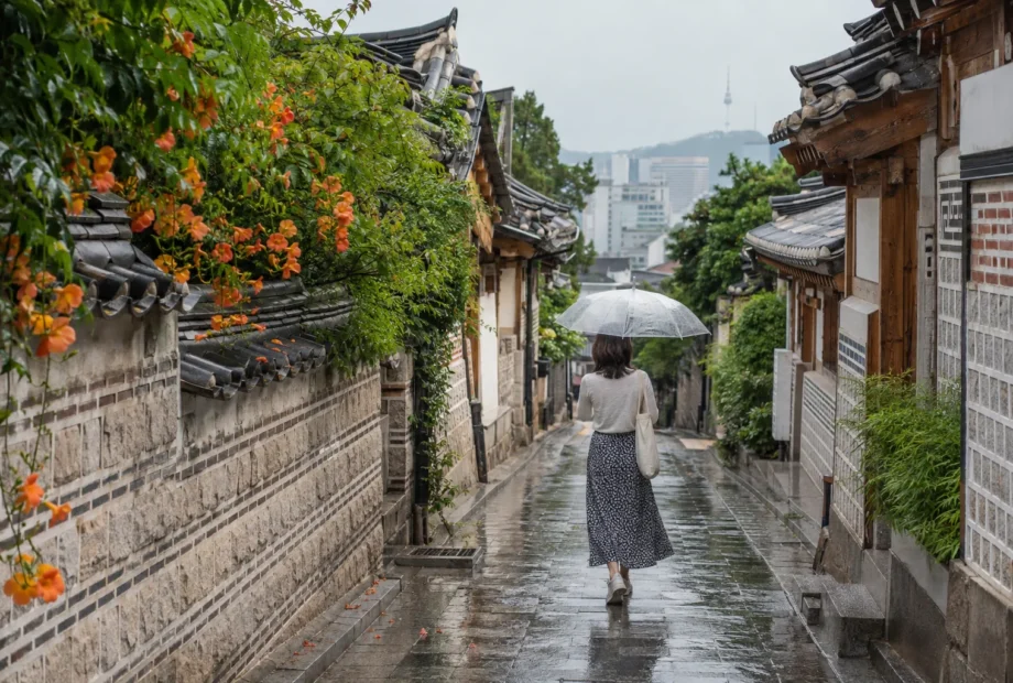 Traveler carrying a clear umbrella along a wet hanok alley in Seoul
