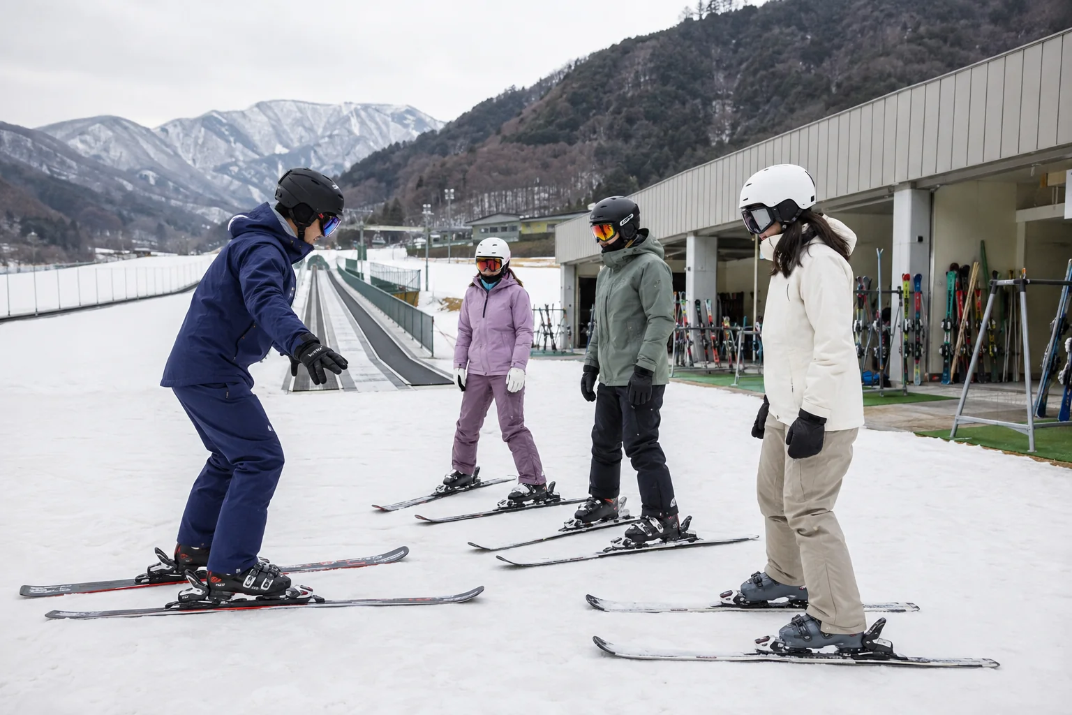 Beginner skiers meeting an instructor beside a Korean ski resort rental area