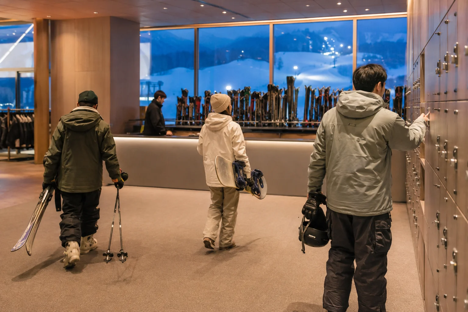 Travelers returning ski equipment inside a modern mountain resort at dusk
