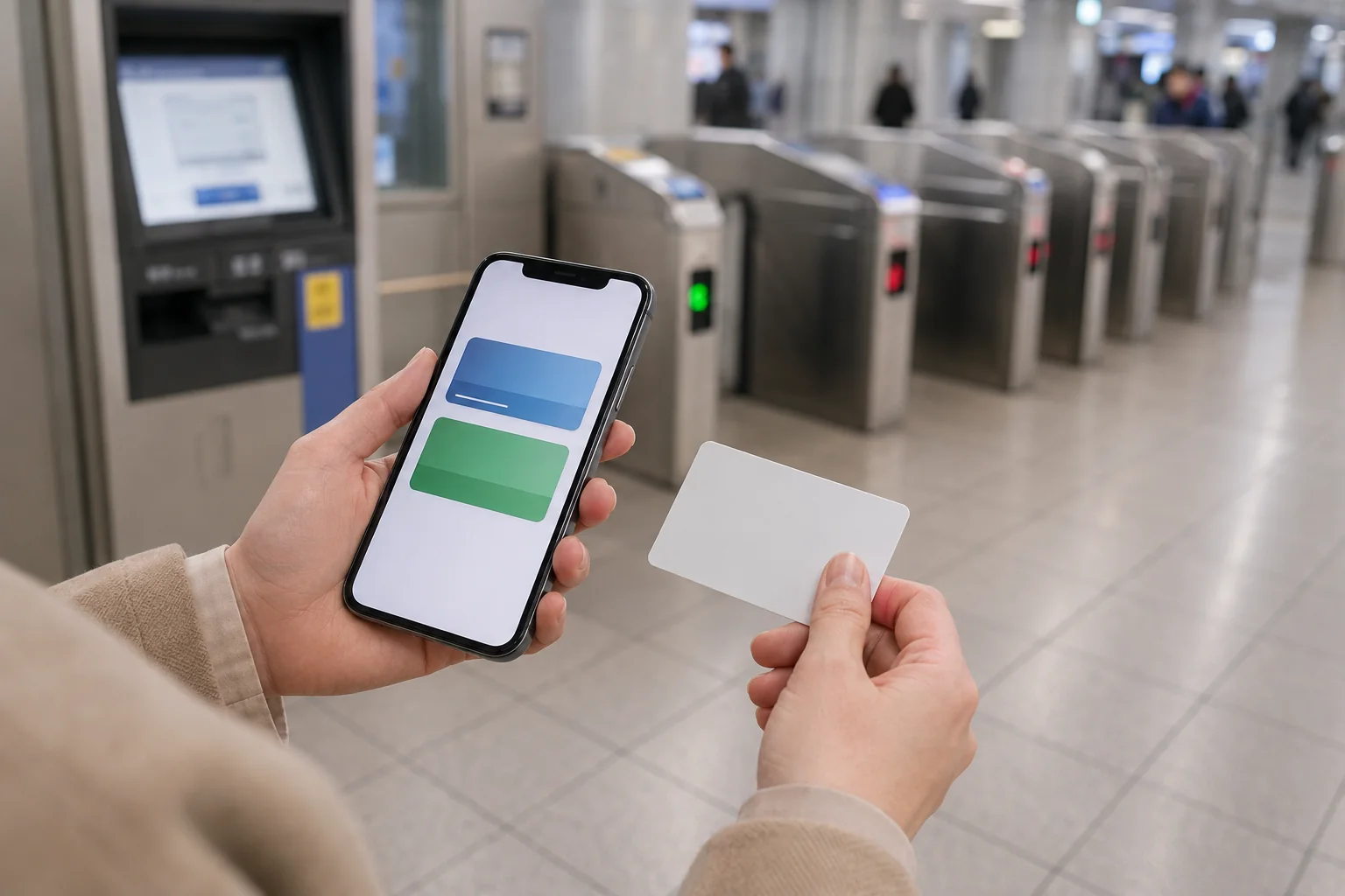 Traveler checking two separate balances in a Korea travel-card app beside a subway entrance