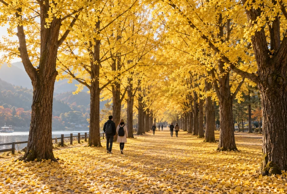 Golden ginkgo tree avenue on Nami Island during autumn