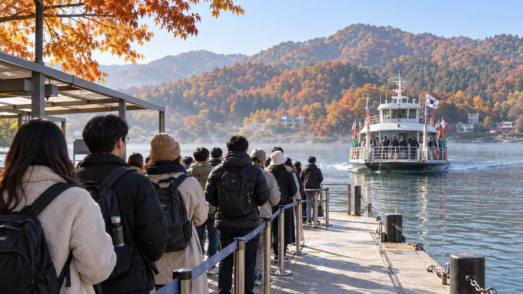 Travelers waiting for the Nami Island ferry on an autumn morning