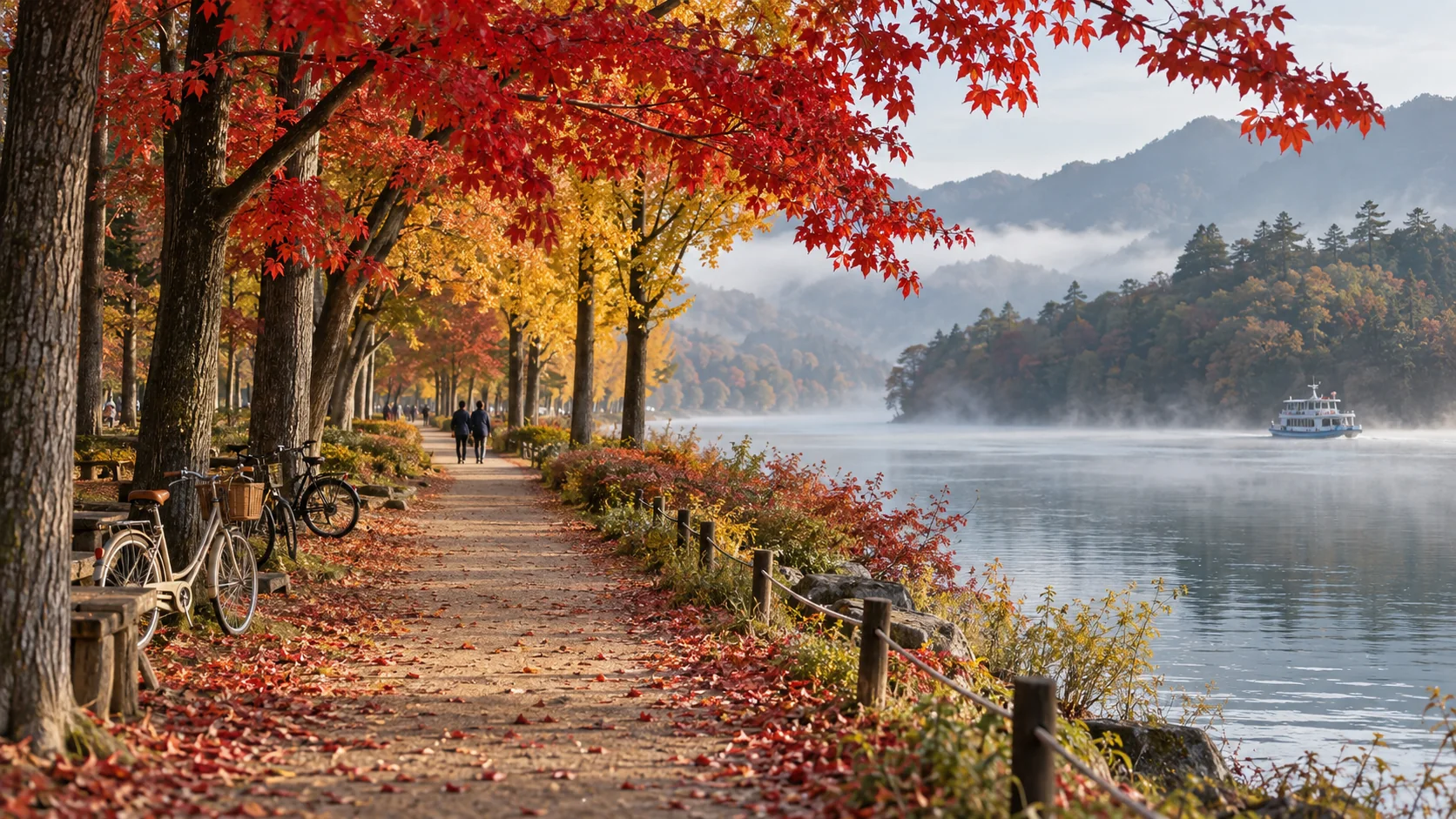 Quiet riverside walking path on Nami Island during autumn