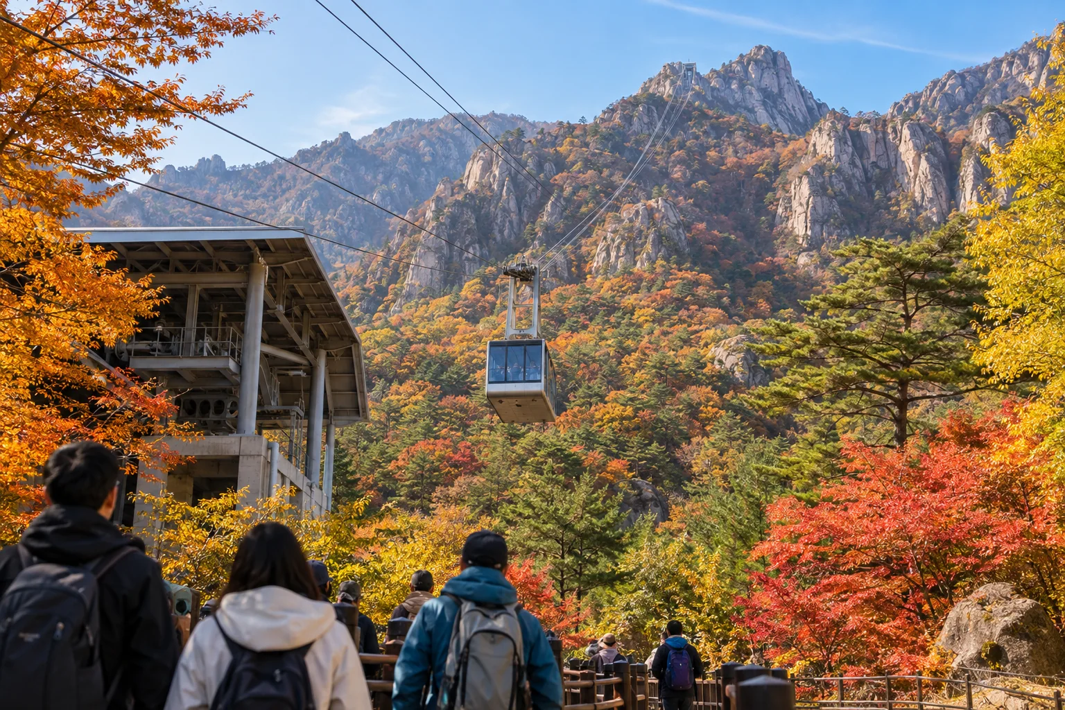 Seoraksan cable car rising above autumn trees toward granite peaks