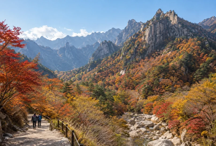 Granite peaks and autumn-colored forest above a Seoraksan valley path
