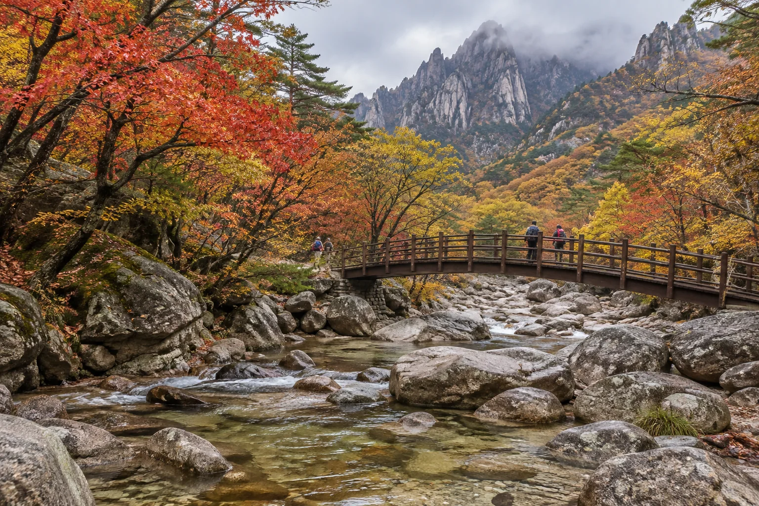 Autumn valley trail and stream beneath Seoraksan granite peaks