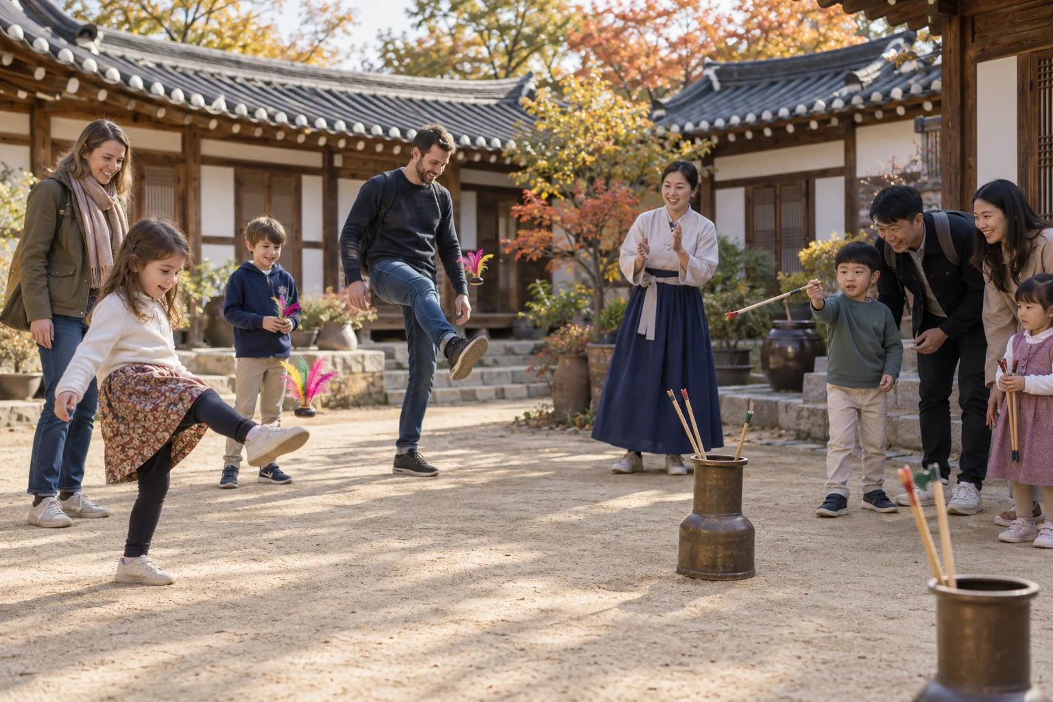 Visitors playing traditional Korean games in a hanok courtyard during an autumn holiday