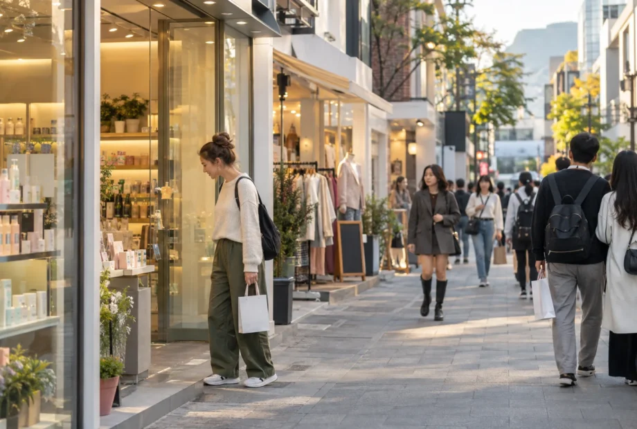 Traveler browsing beauty and fashion shops on a lively Seoul shopping street