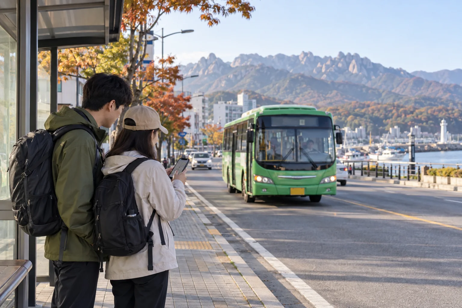 Travelers waiting for a local bus toward Seoraksan in Sokcho
