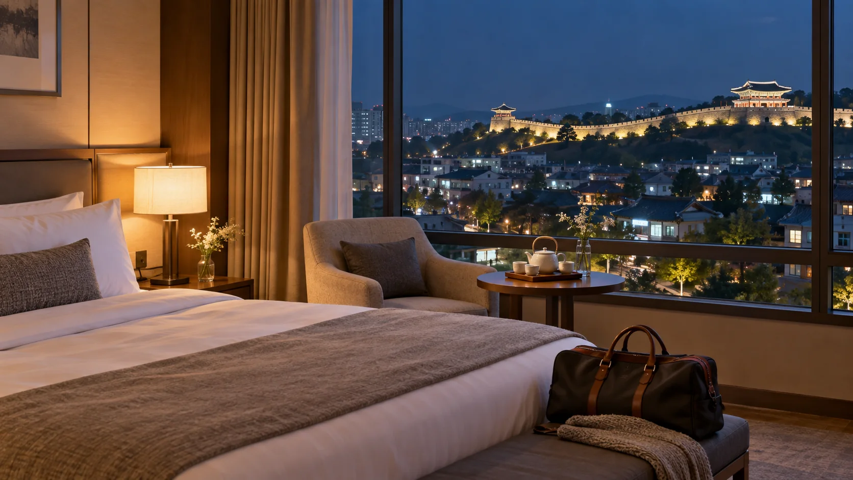 Hotel room with a night view toward the illuminated Suwon Hwaseong walls