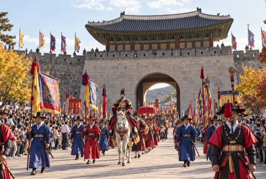 King Jeongjo royal procession entering Suwon Hwaseong during the festival