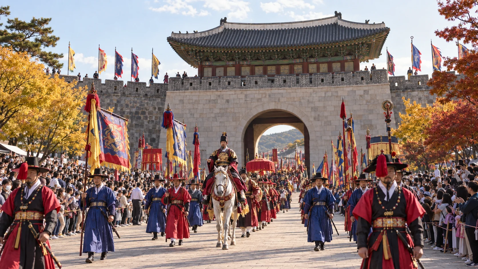 King Jeongjo royal procession entering Suwon Hwaseong during the festival