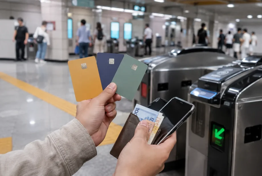 Traveler holding payment and transportation cards near a Seoul subway gate